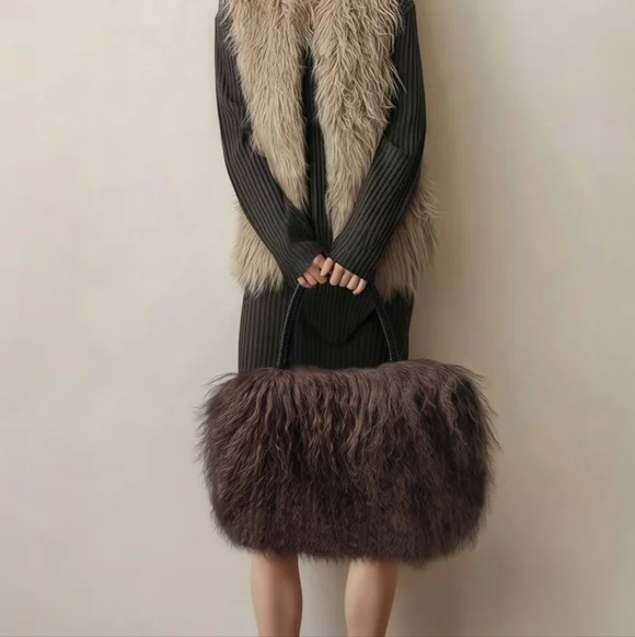 New Real Lamb Mongolian Flush Wool Fur With Genuine Leather Handles Handbag - Picture 7 of 7